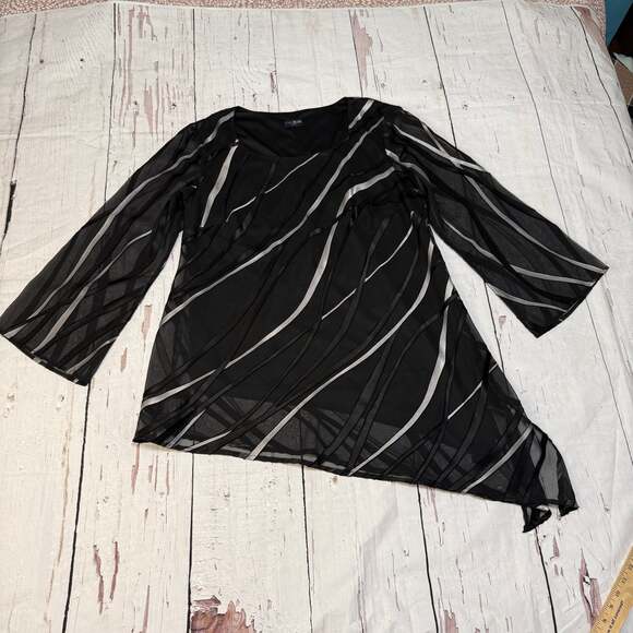Eva Blue Tops - Eva Blue Plus Black Sheer Overlay‎ Blouse Asymmetrical Hem Size L
